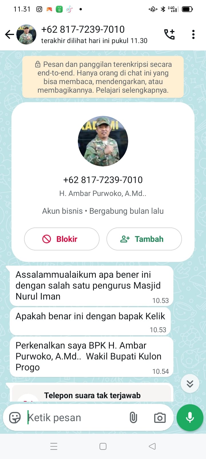 PENIPUAN: WhatsApp mengatasnamakan Wakil Bupati Kulon Progo Ambar Purwoko.
