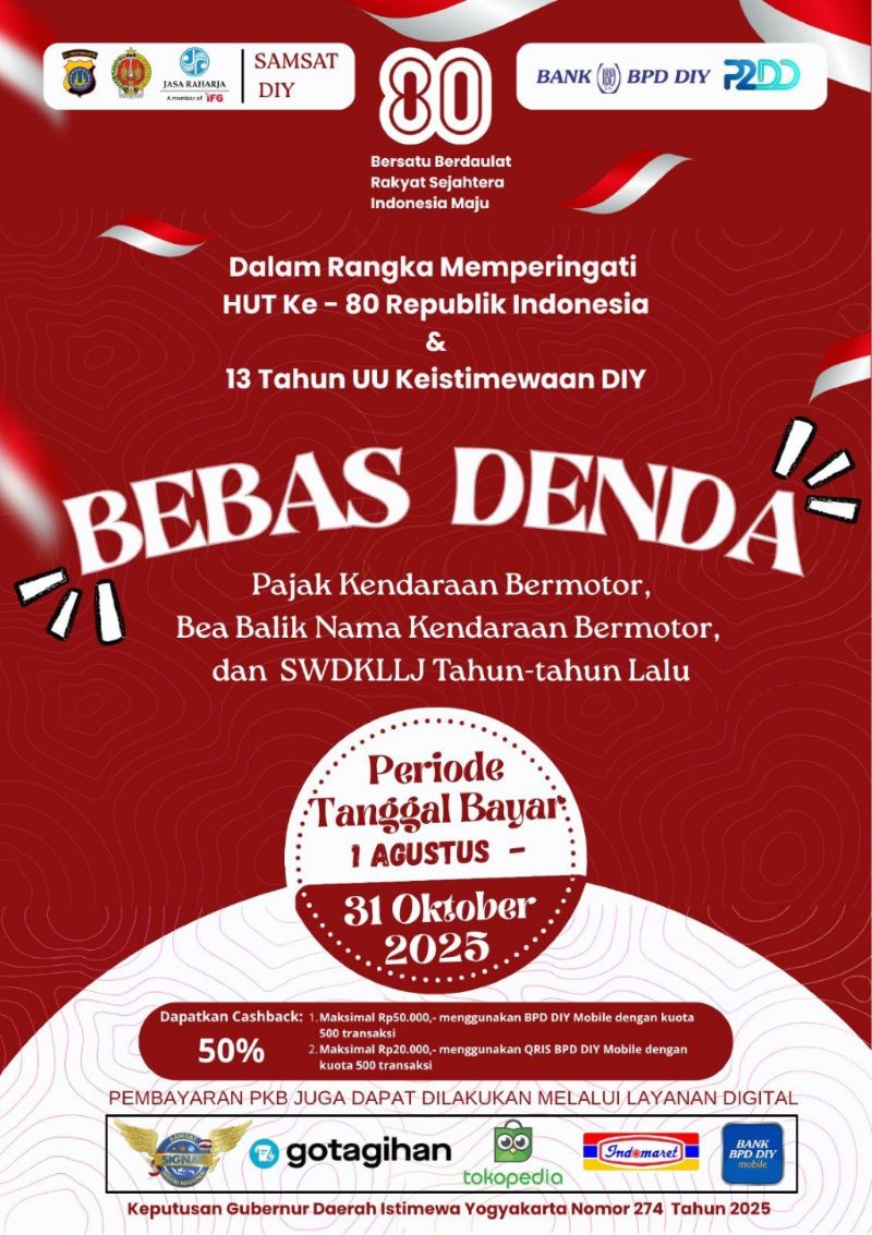 Poster resmi terkait debas denda pajak kendaraan bermotor, bea balik nama bermotor, dan SWDKLLJ.