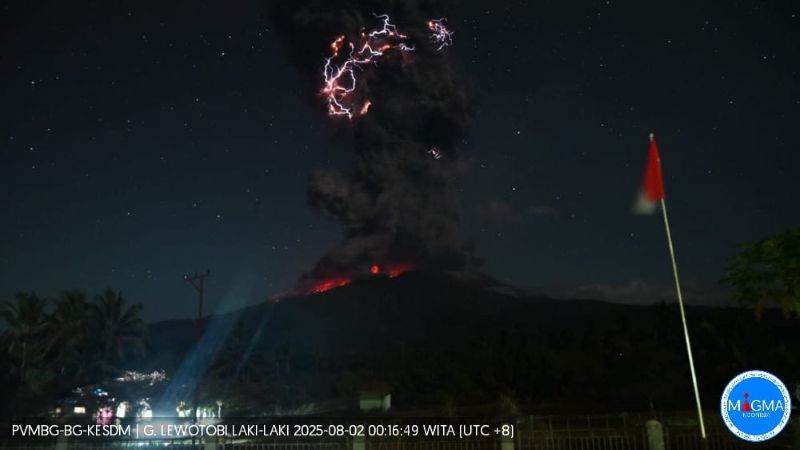 Penampakan Erupsi Gunung Lewotobi Laki Laki yang disertai Kilatan.