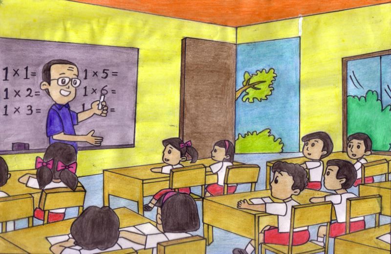 Ilustrasi guru sedang mengajar siswa SD. Peran guru mulia, mencerdaskan kehidupan bangsa.