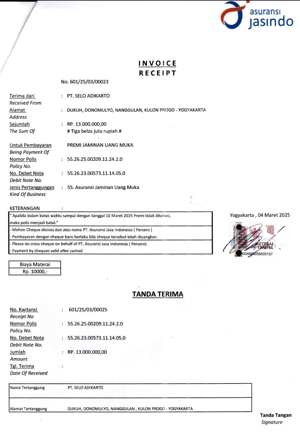 Bukti asuransi Jasindo PT SAK Kulon Progo.