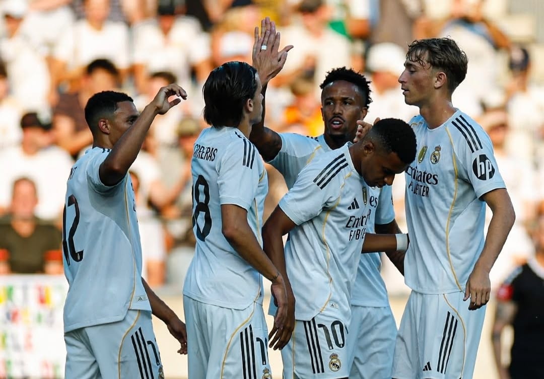Selebrasi pemain Real Madrid setelah Kylian Mbappe mencetak gol ke gawang WSG Tirol di laga persahatan