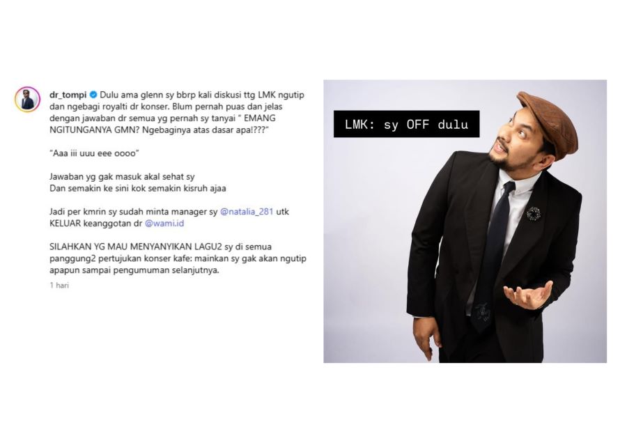 Penyanyi Tompi  menyatakan keluar dari Wami (Instagram pribadi Tompi @dr_tompi)