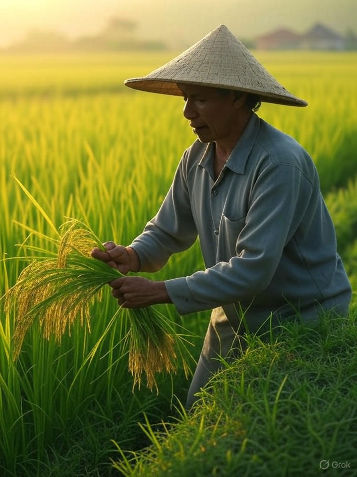 Ilustrasi seorang petani sedang memanen padi.