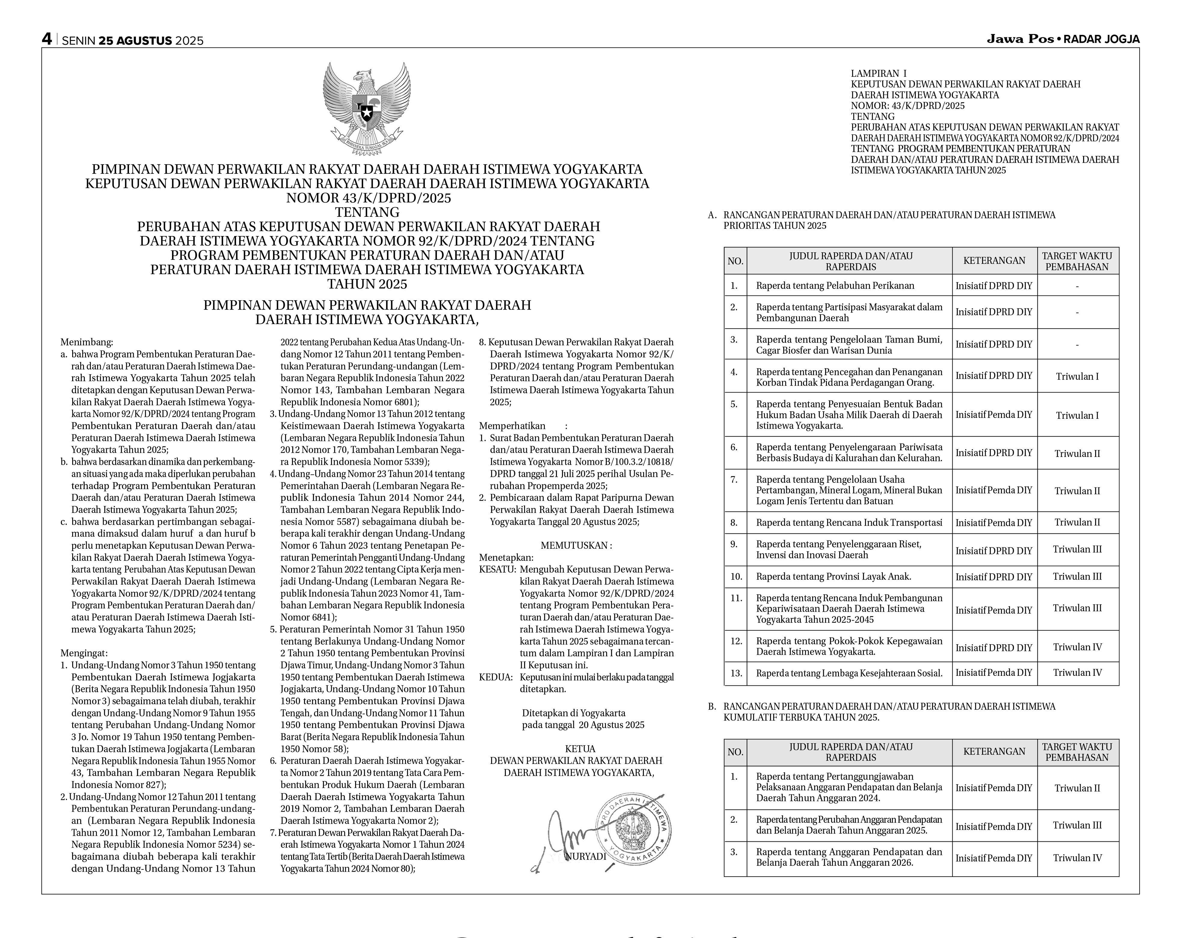 Keputusan DPRD DIY Nomor 43/K/DPRD/2025