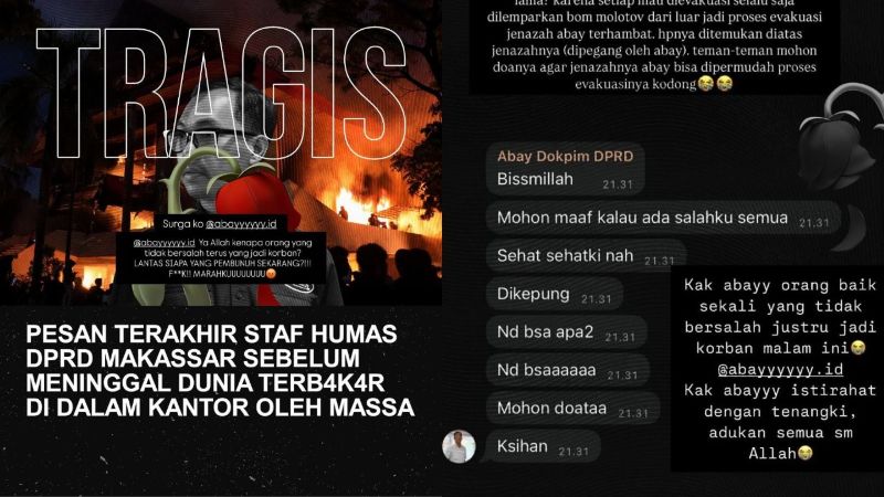 Pesan terakhir Abay sebelum tewas dalam kebakaran gedung DPRD Makassar, Jumat (29/8/2025).