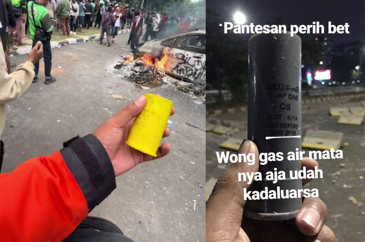 Warganet menunjukkan selongsong gas air mata yang telah kadaluwarsa demo di kawasan Jalan Asia Afrika Jakarta.