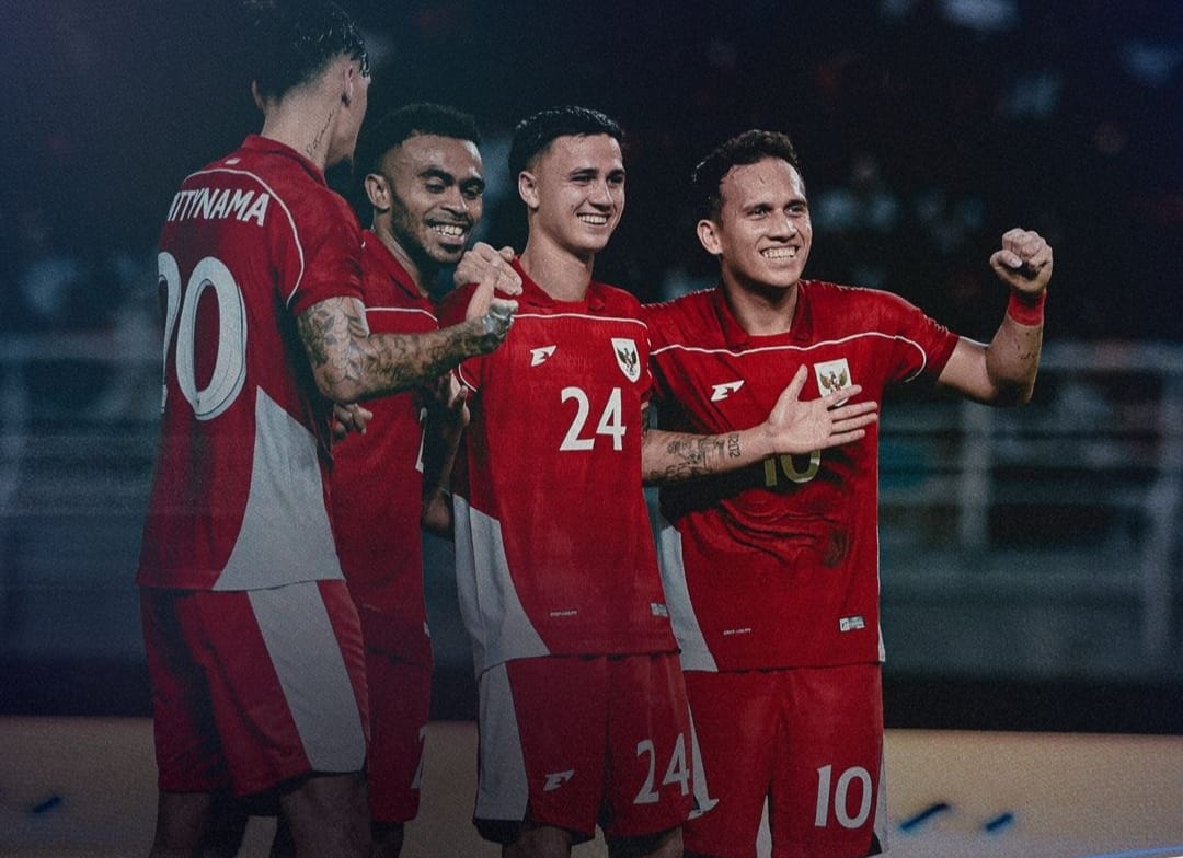 Para pemain Timnas Indonesia rayakan gol perdana Eliano Reijnders bersama Skuad Garuda