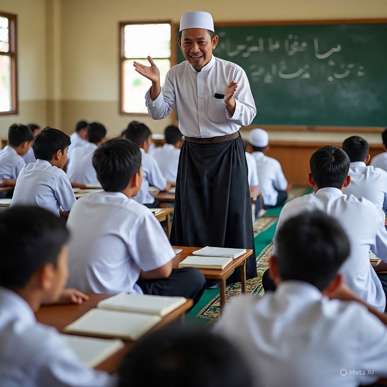 Ilustrasi guru Madrasah dan Pendidikan Agama sedang mengajar di ruangan kelas.