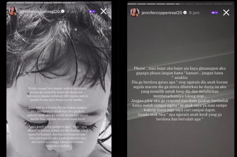Aktris cantik Jennifer Coppen meminta netizen untuk stop menghujat anaknya. Belum lama ini dia meluapkan kekesalannya melalui unggahan story di Instagram pribadinya.