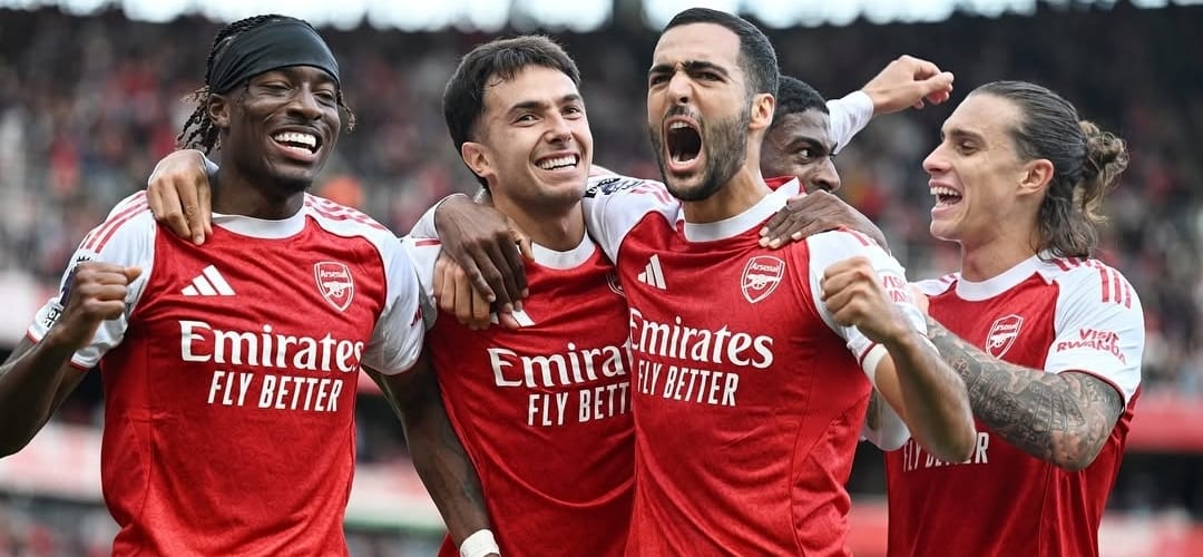 Selebrasi pemain Arsenal setelah Martin Zubimendi mencetak gol ke gawang Nottingham Forest