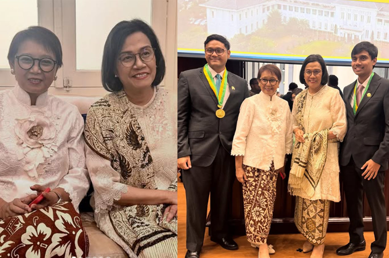KOMPAK: Retno Marsudi dan Sri Mulyani Insdrawati, menghadiri acara wisuda anak-anaknya di Fakultas Kedokteran Universitas Indonesia (FKUI), Depok, Sabtu (13/9/2025).