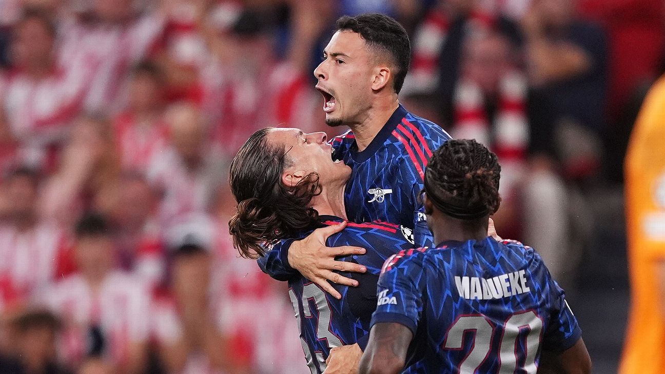 Selebrasi pemain Arsenal setelah Gabriel Martinelli mencetak gol dalam kemenangan Liga Champions atas Athletic Club