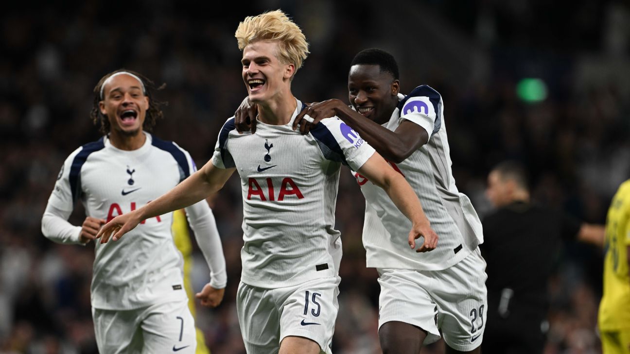 Selebrasi pemain Tottenham Hotspur rayakan gol bunuh diri kiper Villarreal, Luis Junior