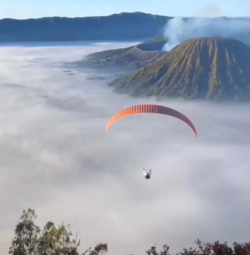 TERBANG: Seorang turis mancanegara terbang menggunakan paraglider berwarna orange di kawasan TNBTS.