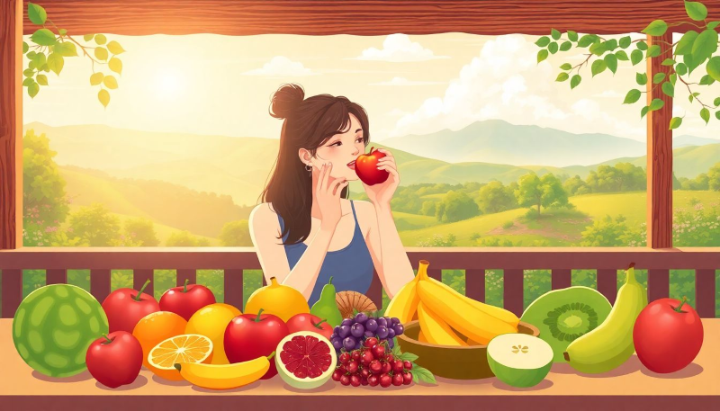 Ilustrasi seorang wanita sedang memakan buah apel.