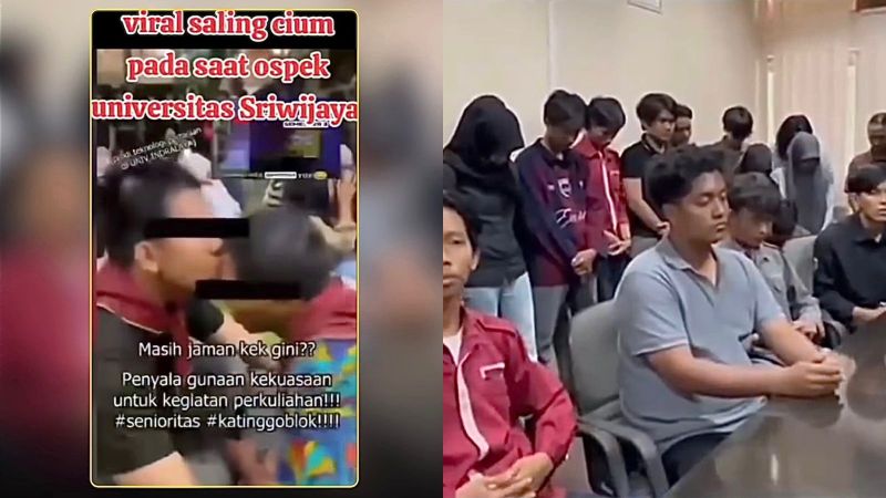 tangkapan layar video viral dugaan pemaksaan ciuman di Unsri dan pernyataan permintaan maaf dari senior HIMATETA.