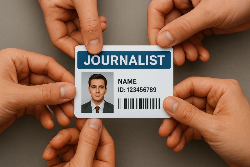 Ilustrasi ID Card jurnalistik yang sedang ditahan beberapa tangan.