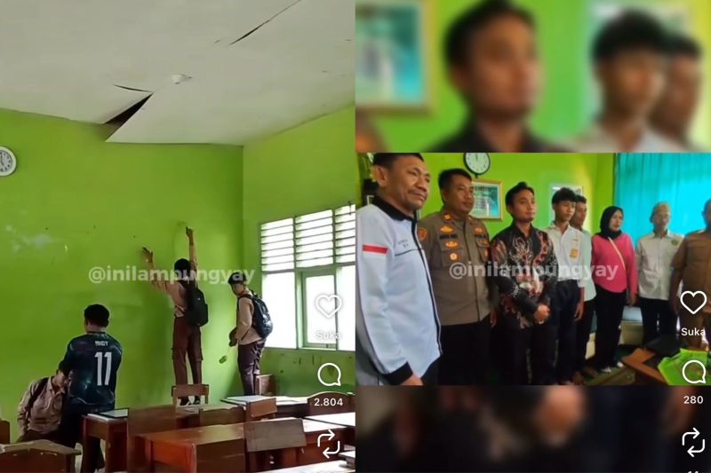 Kolase foto: (kiri) guru MTs di Tanggamus menendang kepala murid di kelas; (kanan) guru meminta maaf terbuka kepada orangtua korban setelah insiden viral.