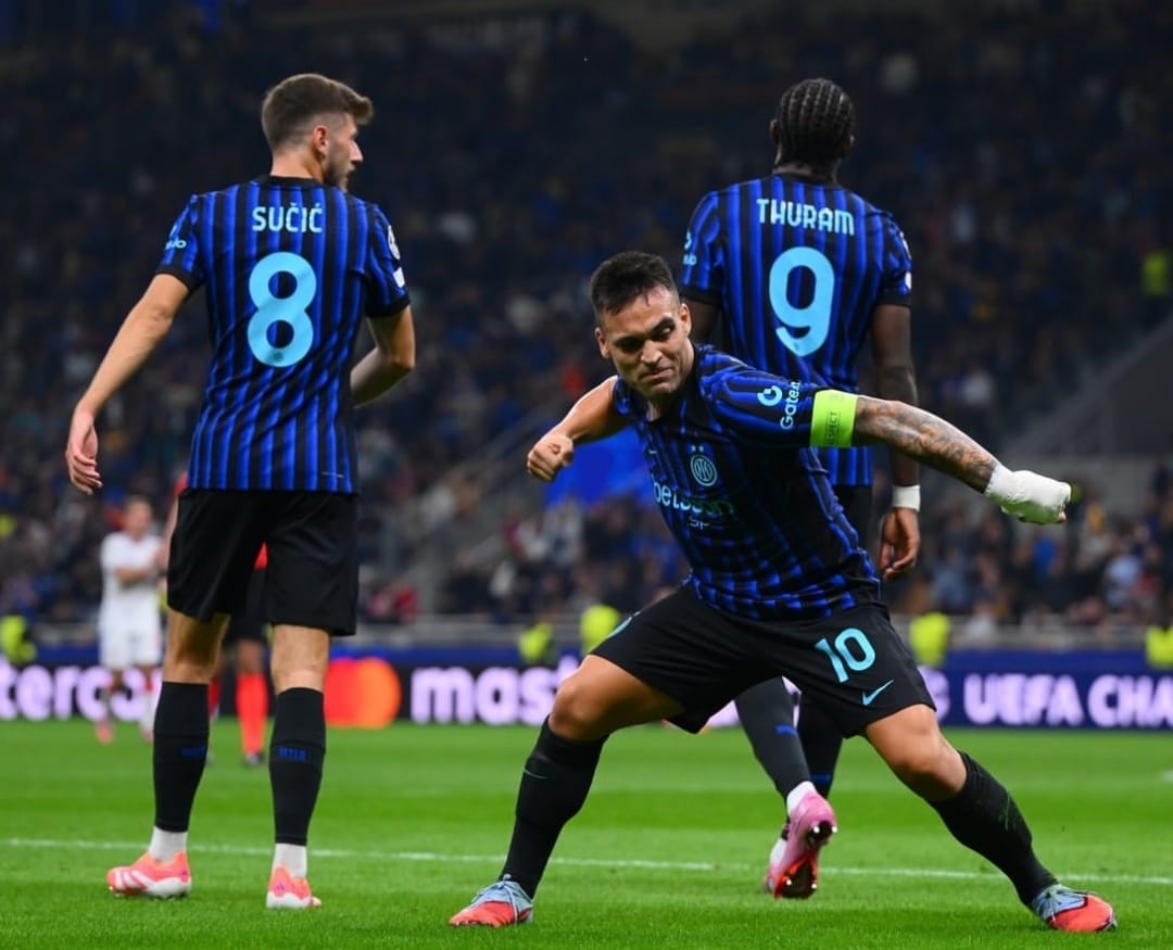 Selebrasi Lautaro Martinez setelah mencetak gol dalam kemenangan Inter atas Slavia Praha