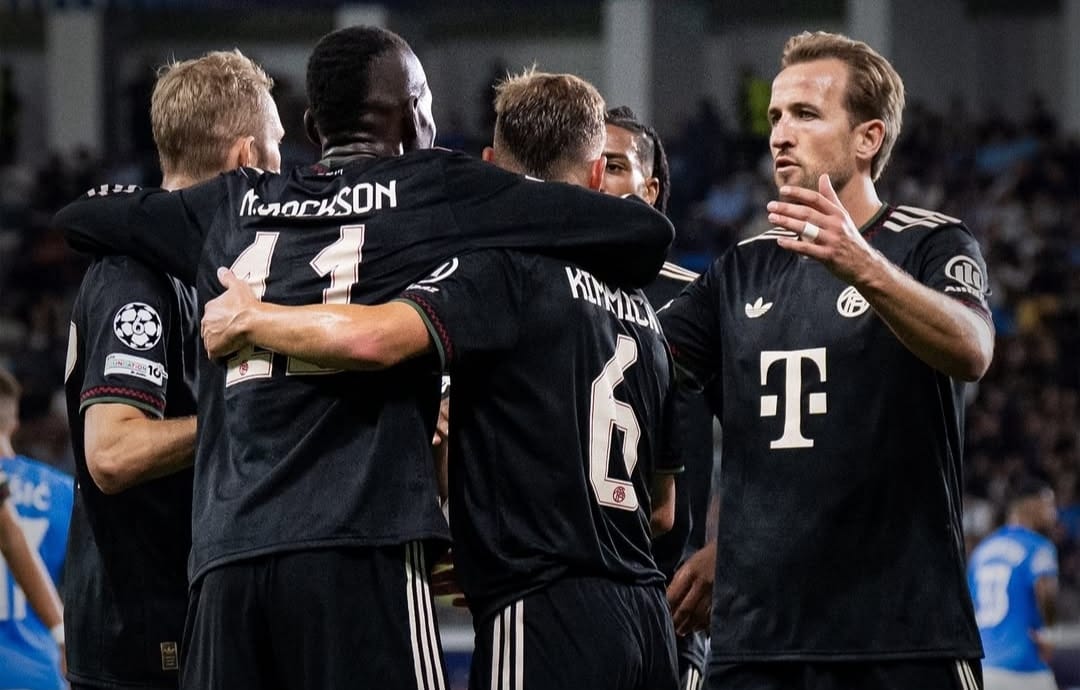 Selebrasi para pemain Bayern Munich dalam kemenangan telak 5-1 atas Pafos FC di Liga Champions
