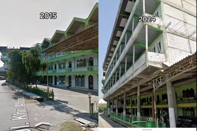 Bangunan Ponpes Al-Khoziny tahun 2015 dan 2024.