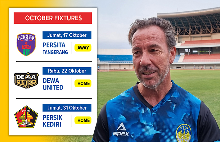 Pelatih PSIM Jogja Jean Paul van Gastel . Info grafis sisa pertandingan pada bulan Oktober 2025.