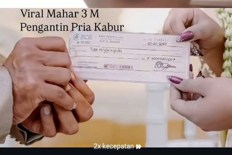 cek mahar Rp3 miliar dalam pernikahan viral di Pacitan yang diduga palsu.