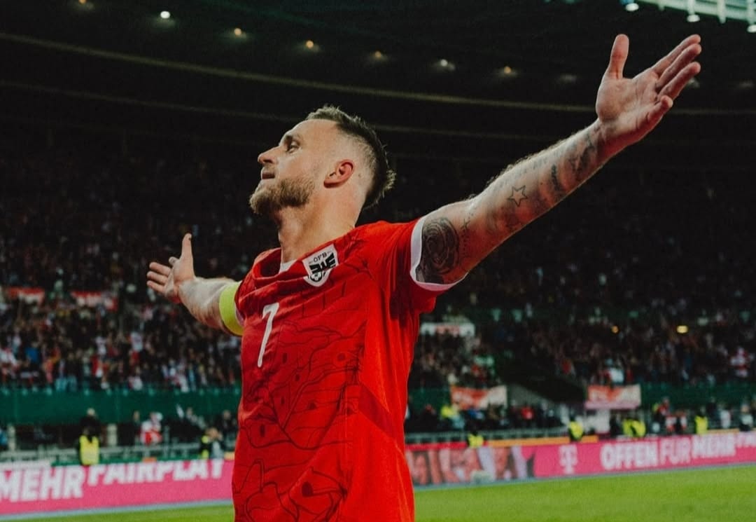 Selebrasi Marko Arnautovic saat mencetak quattrick dalam kemenangan Austria 10-0 atas San Marino
