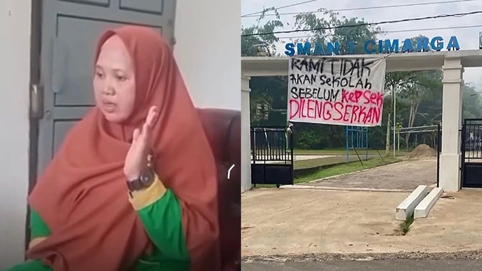 Kolase foto Kepala SMAN 1 Cimarga, Dini Fitria (kiri), dan spanduk protes siswa menuntut pelengseran kepala sekolah (kanan).