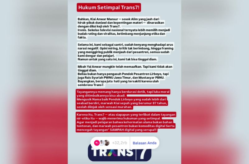 Template stories Instagram yang mengkritik tajam tayangan Trans7.