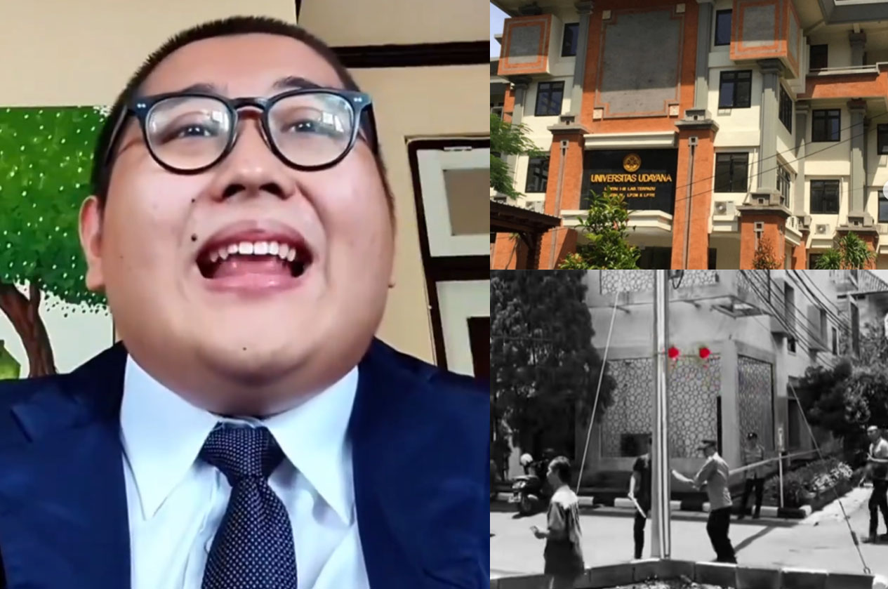 DARI KIRI: Timothy Anugerah Saputra mahasiswa Unud Bali yang menjadi korban bullying dan Petugas saat memasang garis polisi, tkp Timoty menjatuhkan diri dari atas gedung.