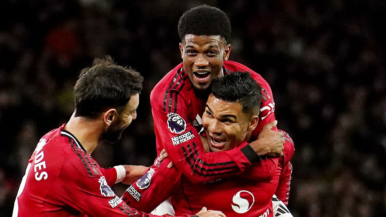Selebrasi para pemain Manchester United dalam kemenangan 4-2 atas Brighton di Premier League