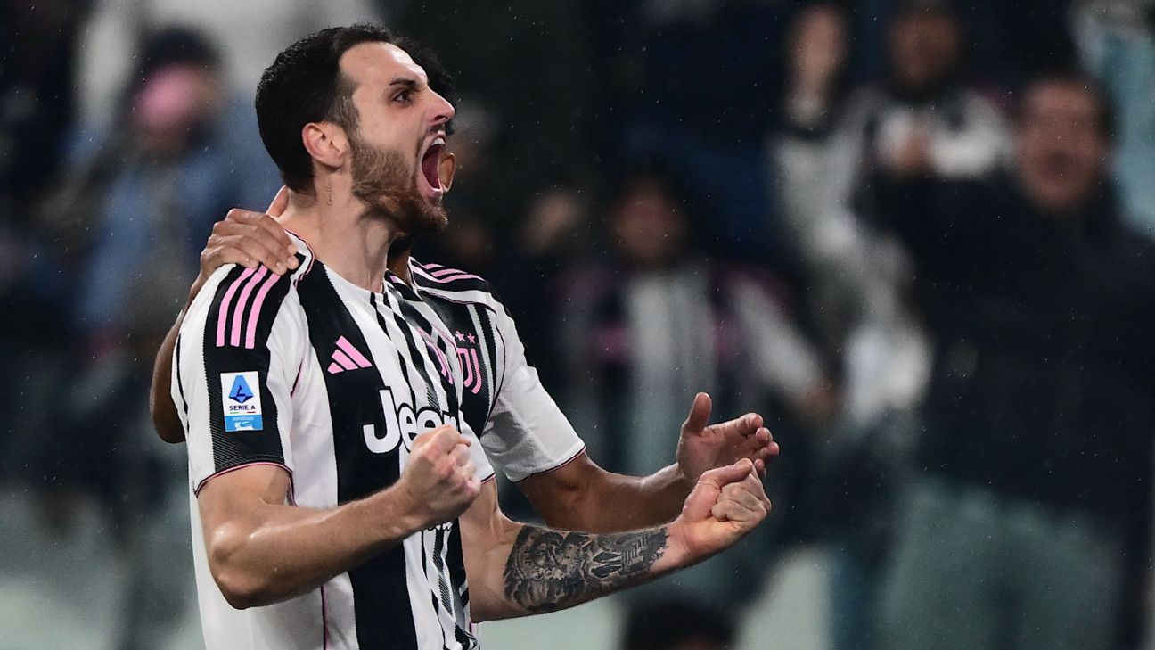 Selebrasi Federico Gatti setelah mencetak gol bagi Juventus dalam kemenangan 3-1 atas Udinese