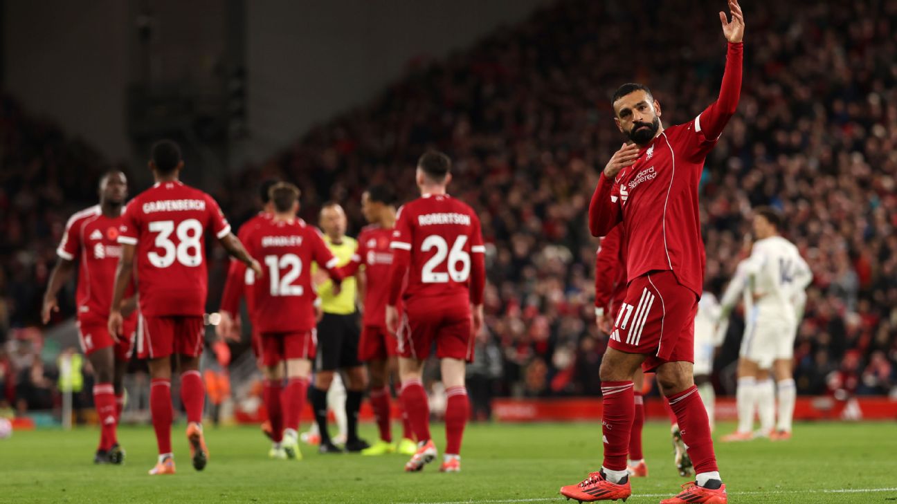 Selebrasi Mohamed Salah setelah mencetak gol dalam kemenangan Liverpool atas Aston Villa di Anfield