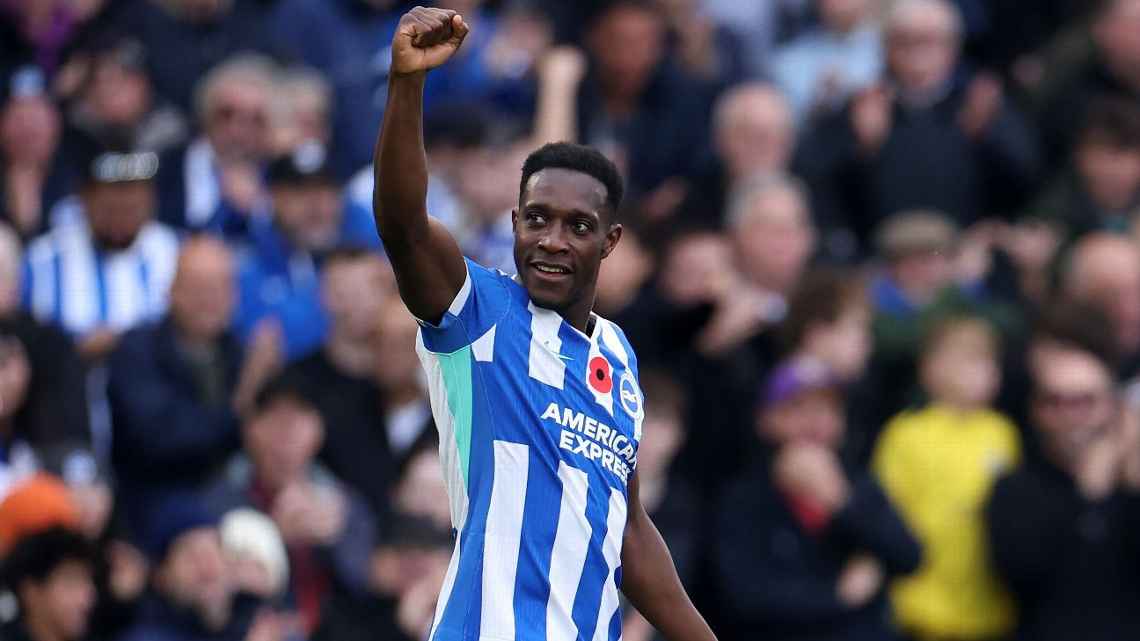 Selebrasi Danny Welbeck setelah mencetak gol dalam kemenangan Brighton atas Leeds United di Premier League