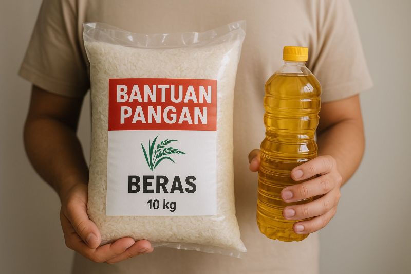 Ilustrasi bansos beras dan minyak goreng.