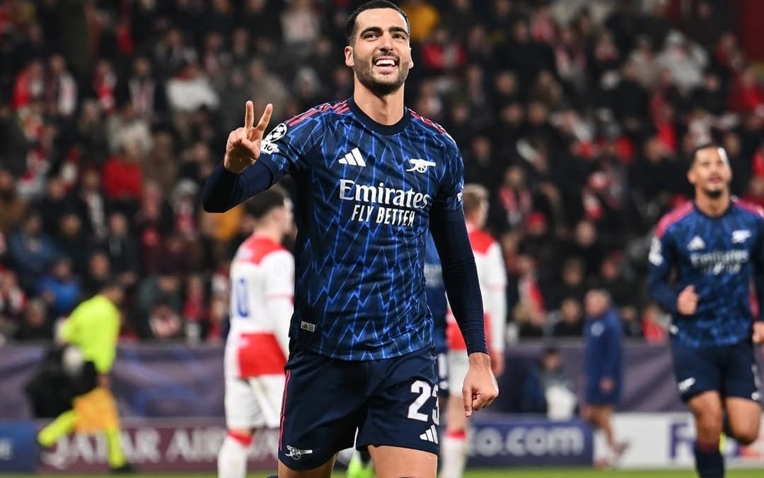 Selebrasi Mikel Merino setelah mencetak gol dalam kemenangan Arsenal atas Slavia Praha di Liga Champions