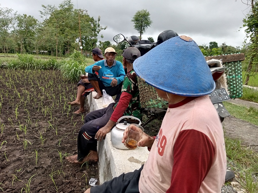 Petani di Kalurahan Mulusan Kapanewon Paliyan sedang istirahat di lahan mereka.