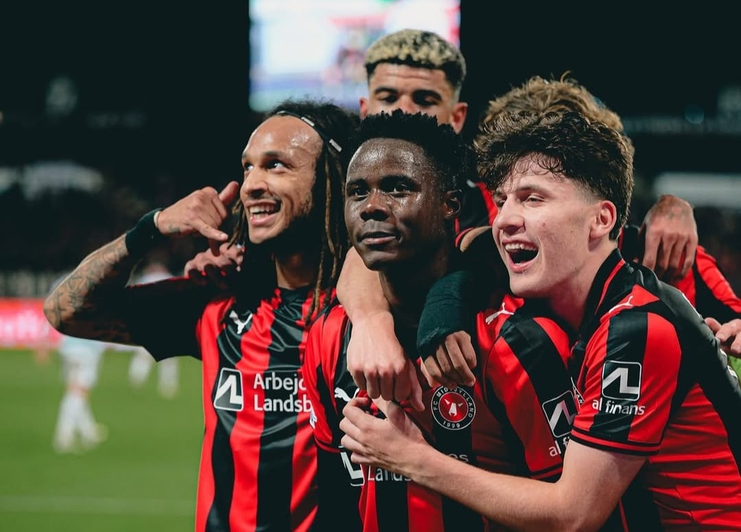 Selebrasi pemain FC MIdtjylland dalam kemenangan atas Celtic untuk kuasai puncak klasemen Europa League