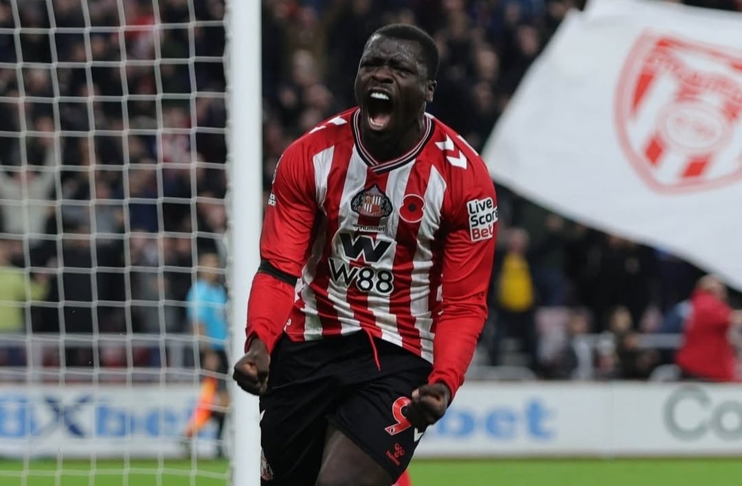 Selebrasi Brian Brobbey setelah mencetak gol penyeimbang Sunderland atas Arsenal di Premier League
