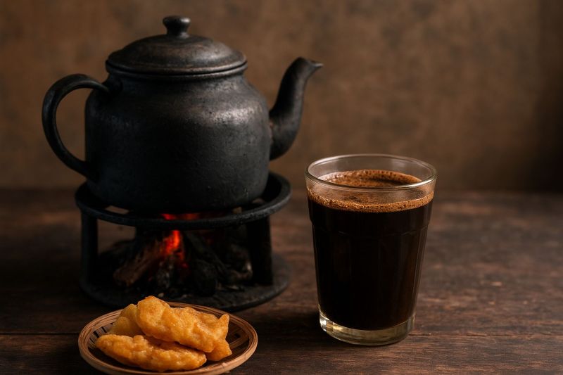 Kopi klotok disajikan hangat dengan camilan pisang goreng.
