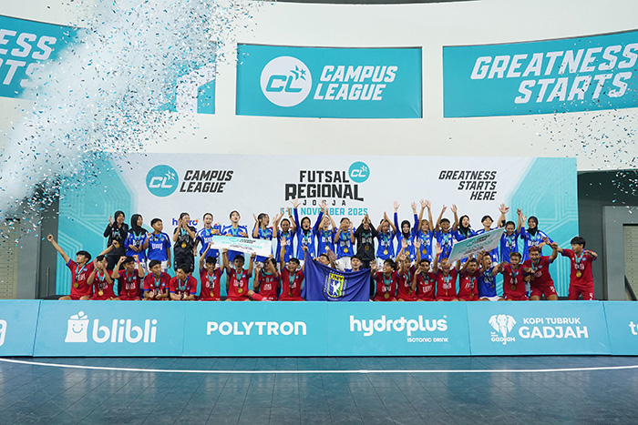 GEMILANG: Laga final Futsal Campus League Regional Yogyakarta sektor putri yang menampilkan UNY melawan UM di GOR Ki Bagoes Hadikoesoemo, UII Jogja, Rabu (12/10/2025).