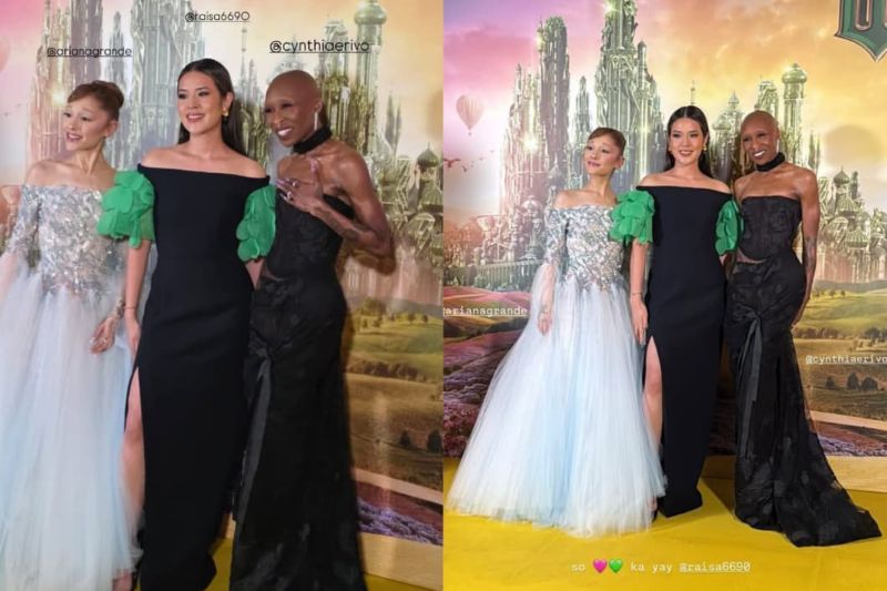 Raisa Andriana saat bertemu dengan Ariana Grande dan Cynthia Erivo dalam premiere film Wicked: For Good di Singapura.