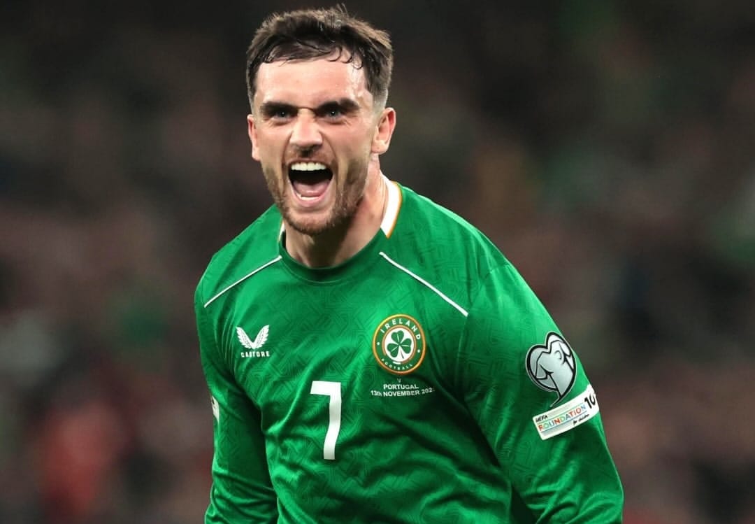Selebrasi Troy Parrot setelah mencetak gol kemenangan Republik Irlandia atas Portugal