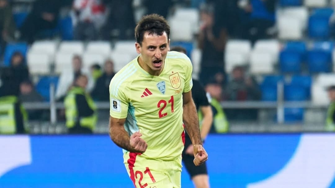 Selebrasi Mikel Oyarzabal setelah mencetak gol dalam kemenangan Spanyol atas Georgia di Kualifikasi Piala Dunia