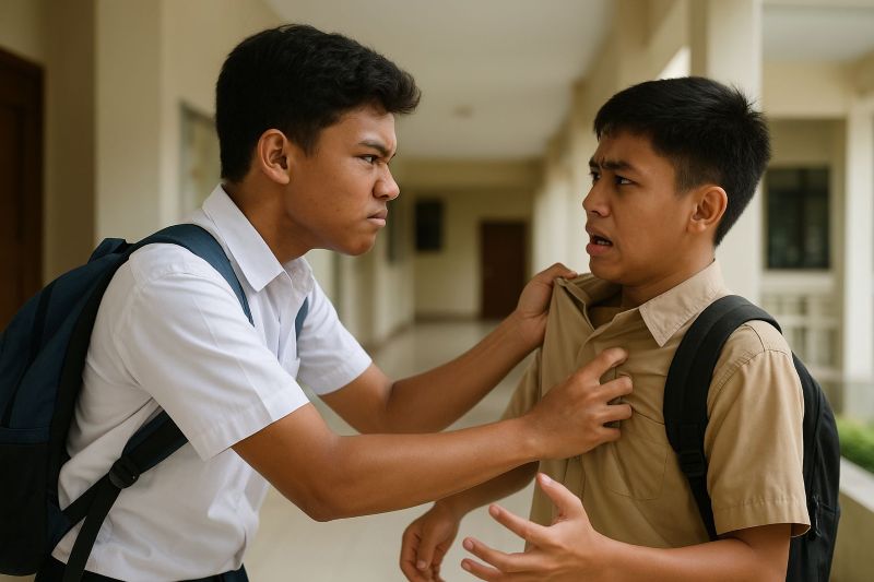 Ilustrasi foto siswa terlibat cekcok di koridor sekolah dalam kasus perundungan.