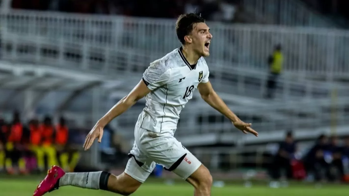 Selebrasi Mauro Zijlstra setelah cetak gol debut bersama Timnas Indonesia U23