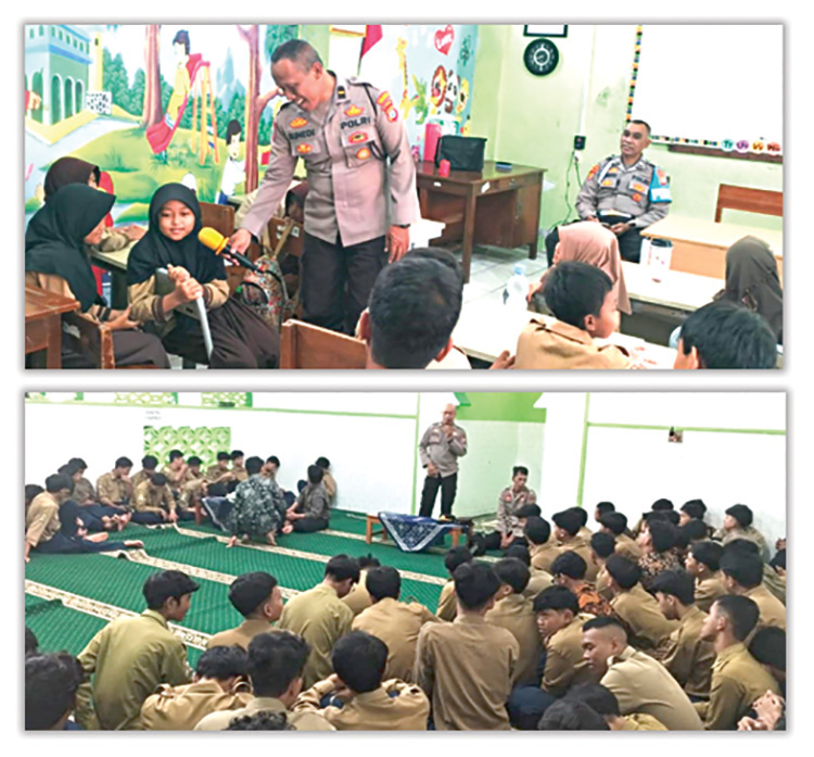 Polsek Gondomanan penyuluhan anti-bullying di SDN Sayidan, Jogja. Foto bawah, Polsek Danurejan sosialisasi soal kenakalan remaja di SMK Muhammadiyah 2 Jogja (20/11/2025).