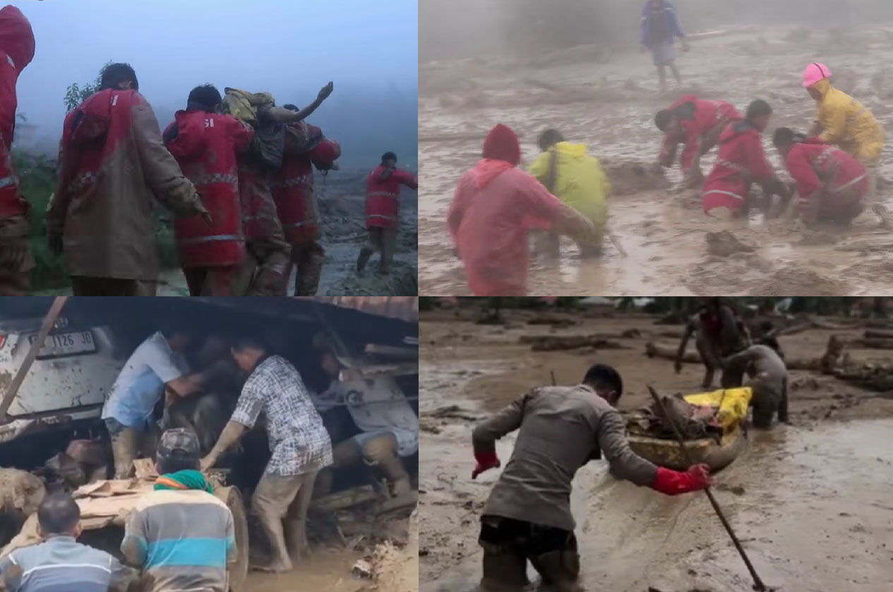 Proses evakuasi korban bencana alam banjir dan longsor di Sumatera.